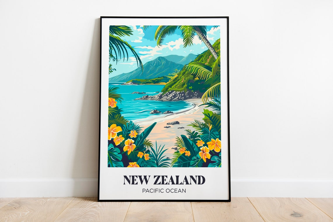 New Zealand Travel Poster Illustration New Zealand Pacific Ocean Travel Poster New Zealand
