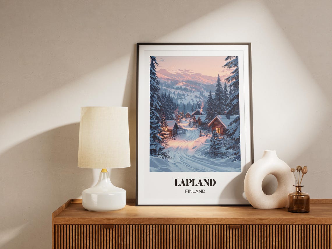 Lapland Finland Snowy Village Cabins Winter Dusk Retro Travel Poster - Image 4