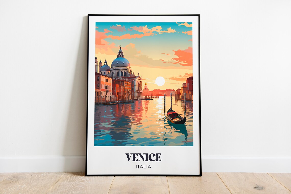 Venice Italia Grand Canal Gondola Sunset Illustration Poster