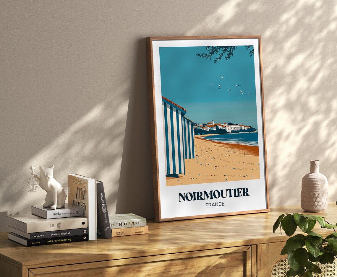 Noirmoutier France Striped Beach Cabins Coastal Town Travel Poster - Image 4