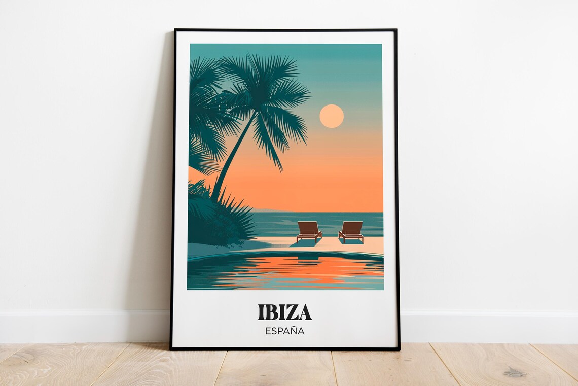 Ibiza Spain Sunset Pool Palm Silhouette Loungers Retro Travel Poster