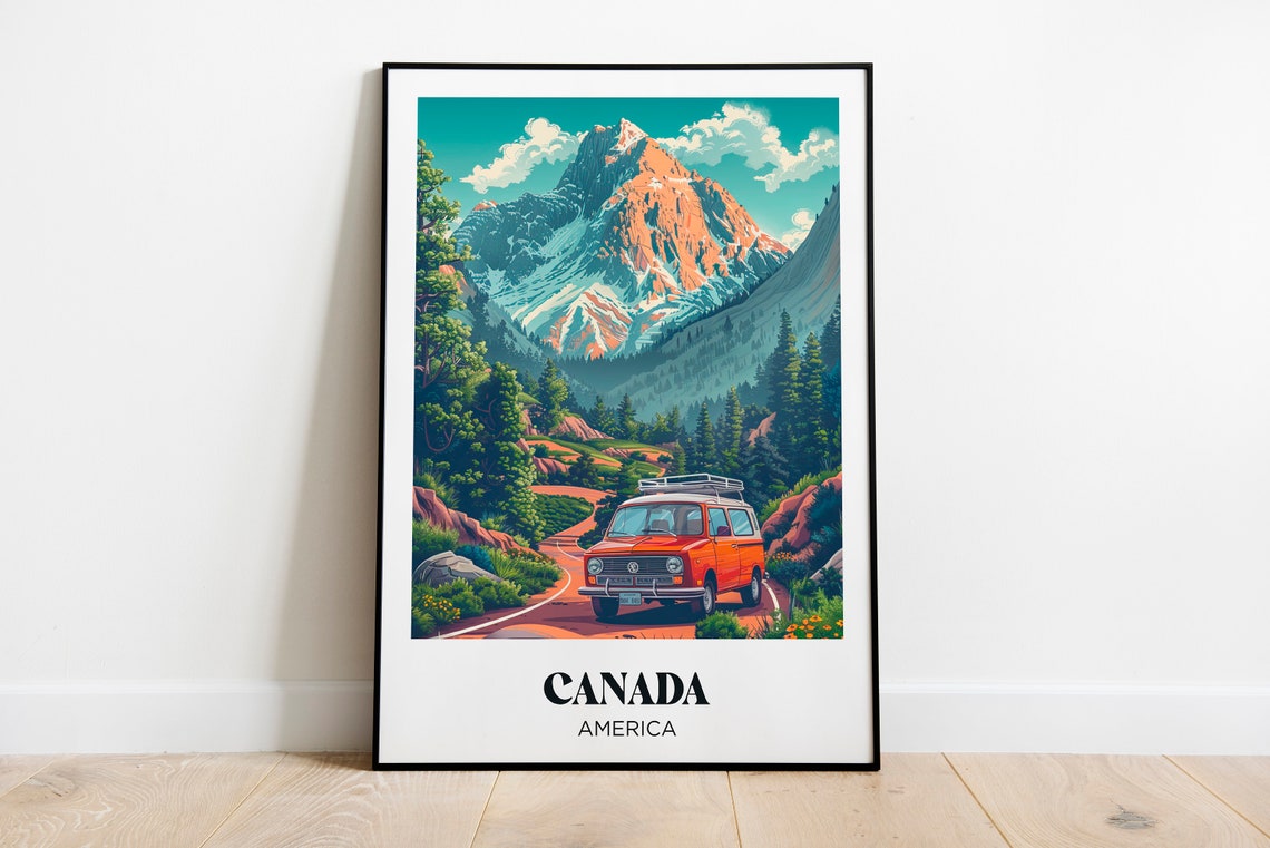 Canada Vintage Camper Van Mountain Road Snowy Peak Travel Poster