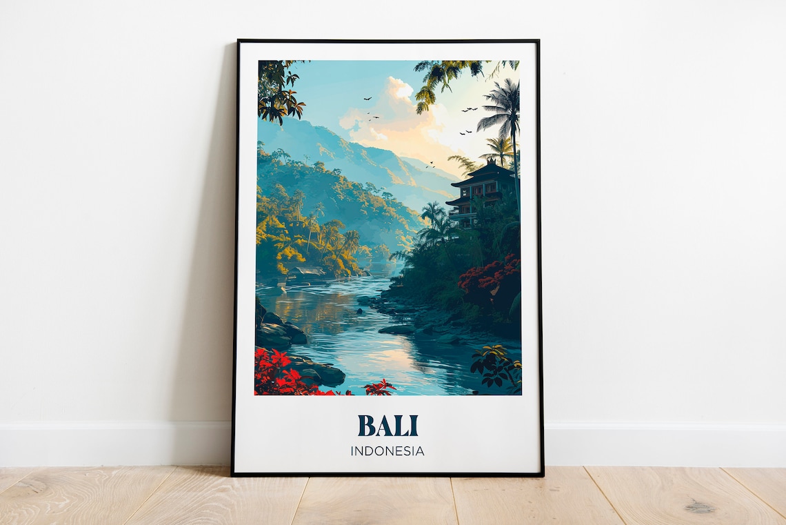 Bali Indonesia Jungle River Temple Volcano View Travel Poster