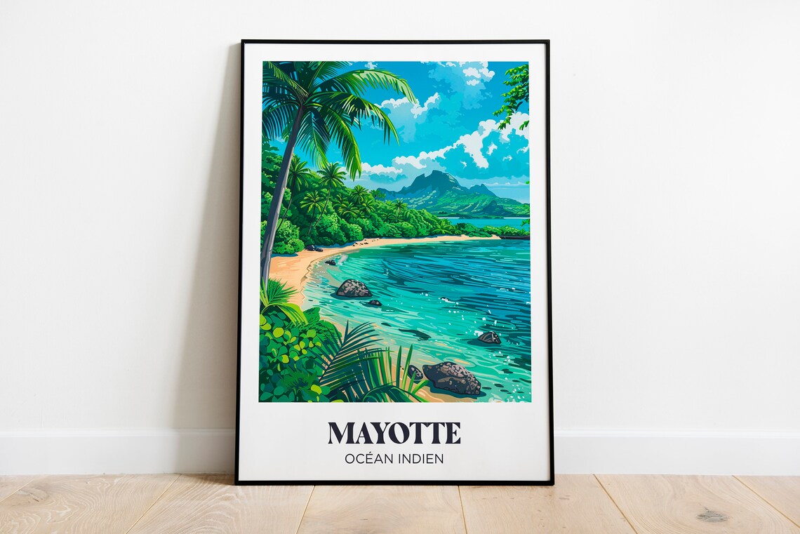 Mayotte Travel Poster, Paradise Beach Illustration