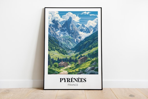 Pyrenees Mountain Poster, Mountain Landscape Illustration