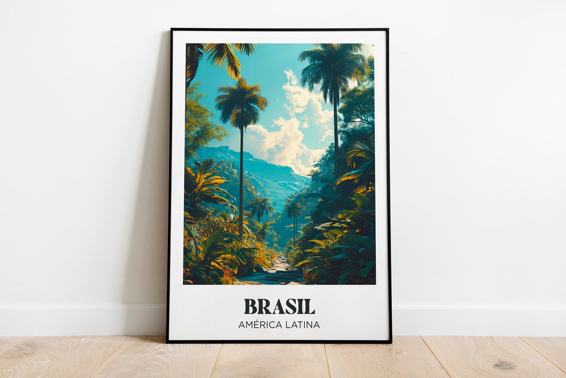 Brasil Tropical Palm Jungle Mountains Lush Illustration Travel Poster