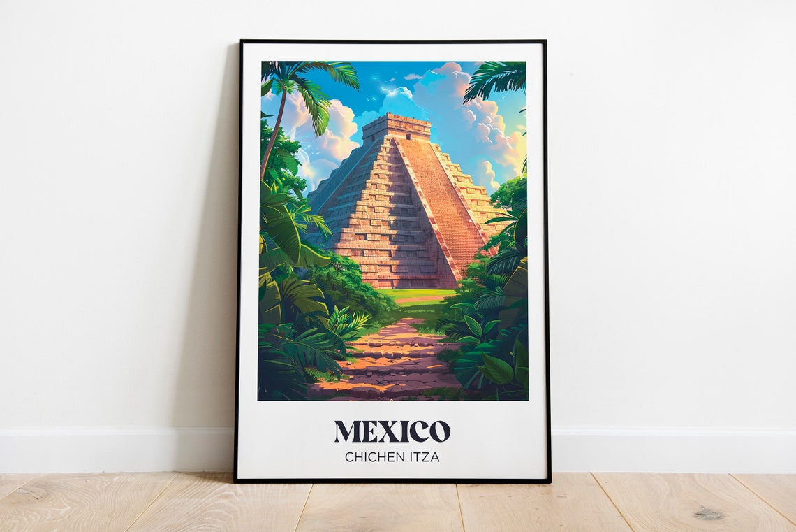 Chichen Itza Travel Poster Mexico Wall Art Print Chichen Itza Painting Illustration Mexico Watercolor Home Decor