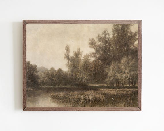 Moody Autumn Marsh Landscape Vintage Fall Scene With Trees In Antique Tone Rustic Wall Art For Cozy Decor