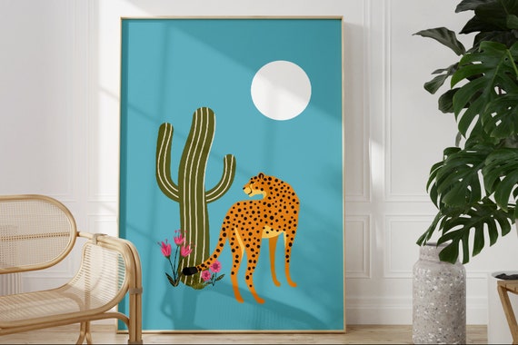 Leopard And Cactus Blue Art Print Unframed Boho Colourful Home Decor Floral Desert Art Print Illustration