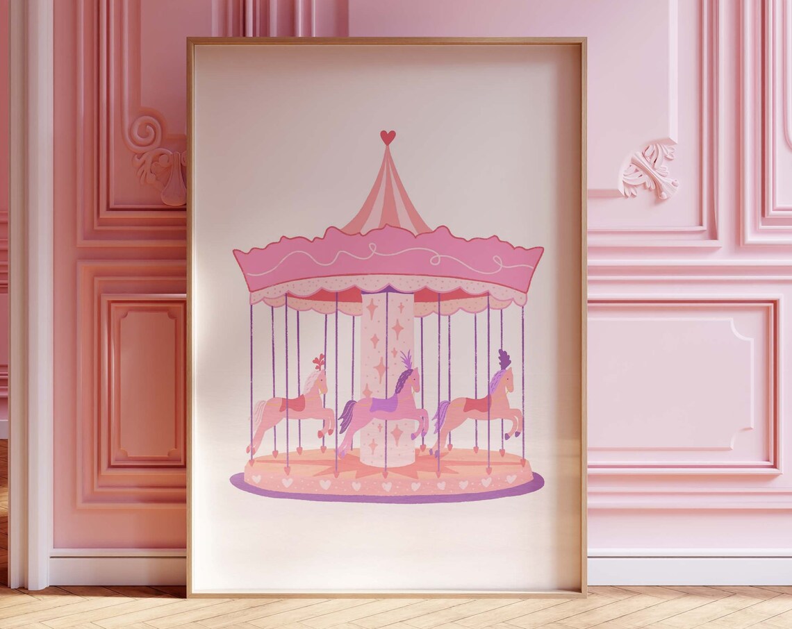 Pink Carousel Horses Whimsical Girls Nursery Room Art Poster