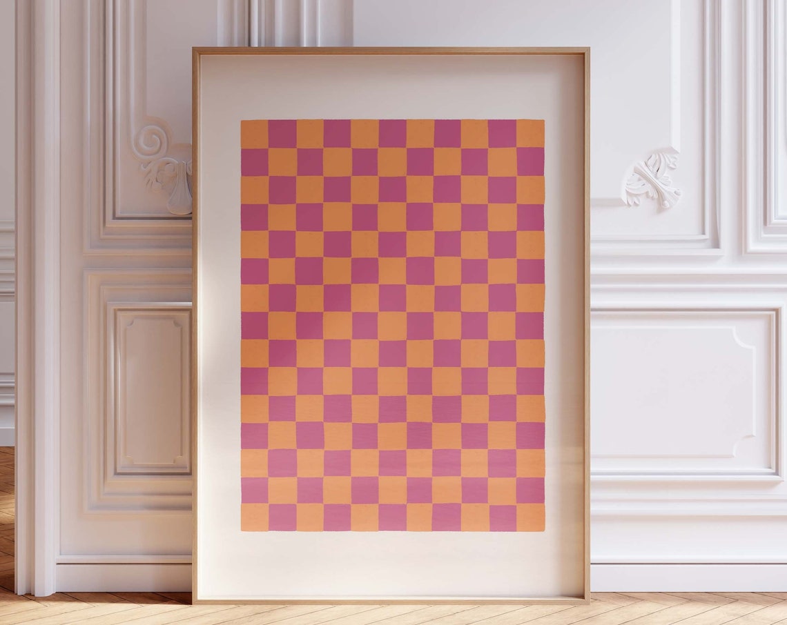 Pink Orange Checkerboard Retro Trippy Checkered Pattern Art Poster