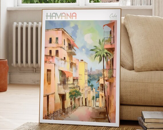 Havana City Watercolor Poster Travel Art Tropical Wall Decor Printpastel Colors