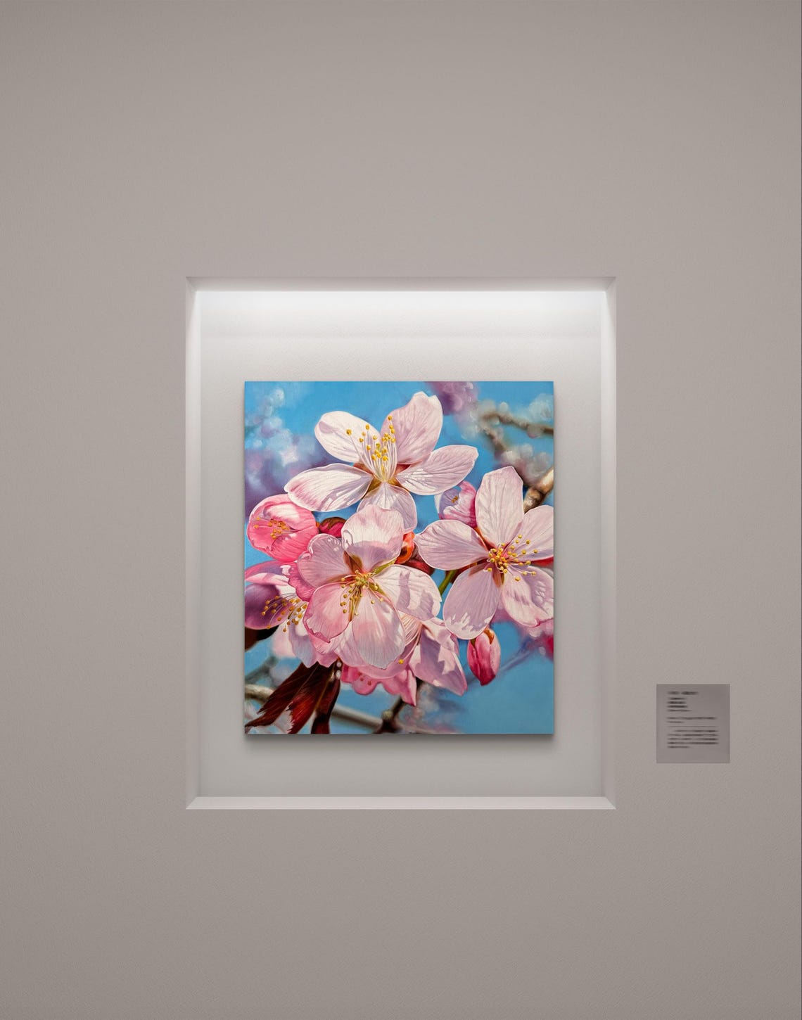 Pink Cherry Blossom Macro Branch Blue Sky Floral Oil Wall Art - Image 2