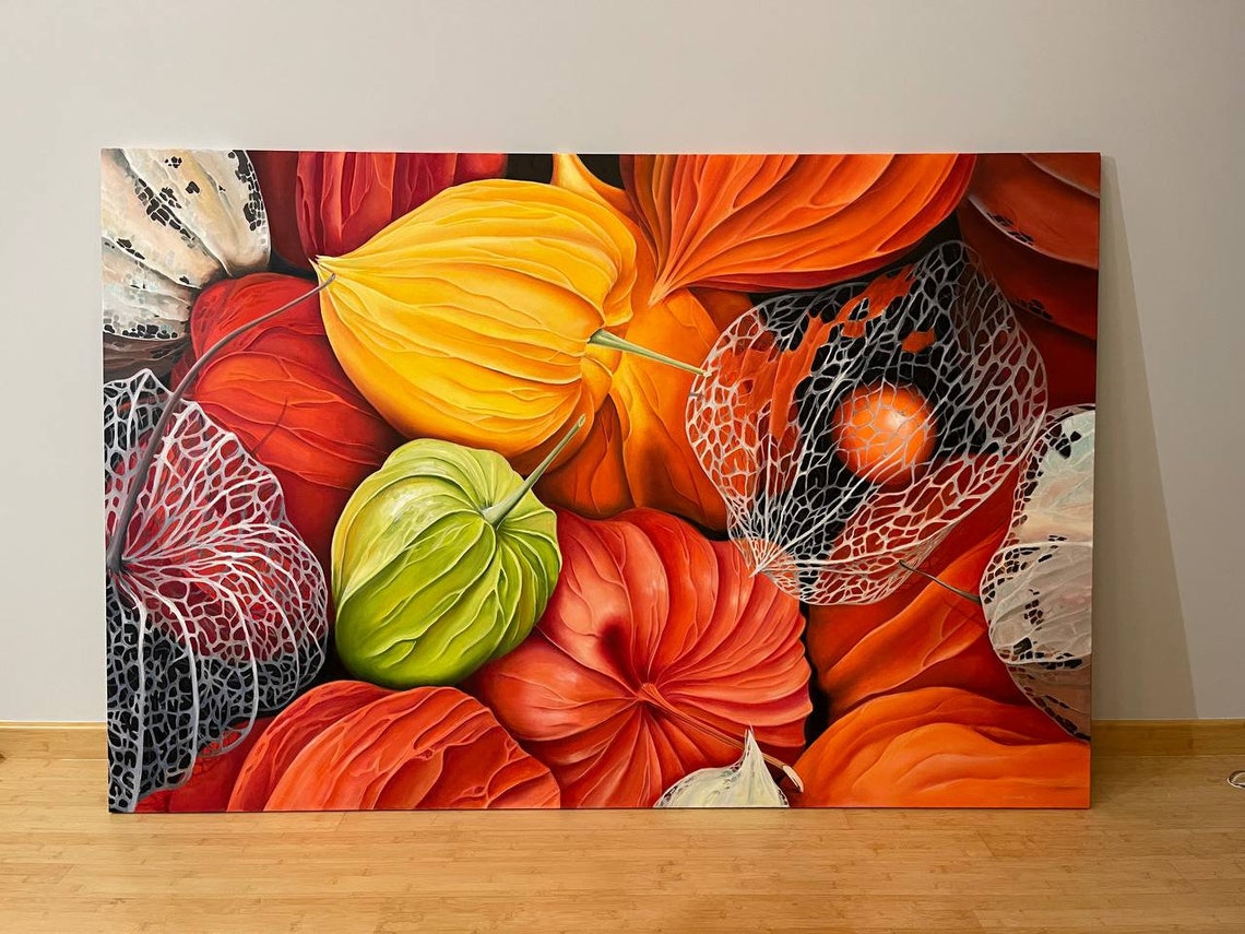 Orange Physalis Chinese Lanterns Red Yellow Still Life Oil Wall Art