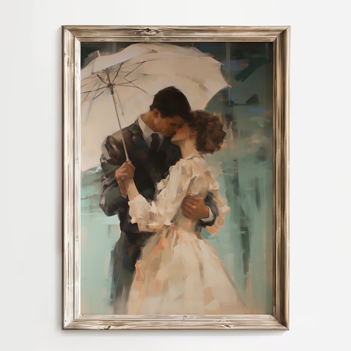 Romantic Couple Kiss Under Umbrella Rainy Day Vintage Oil Poster