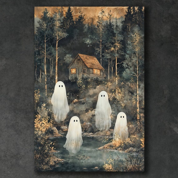 Spooky Haunted Forest Canvas Wall Art Halloween Night Decor White Ghosts Painting Print Mysterious Cabin Poster Ready To Hang