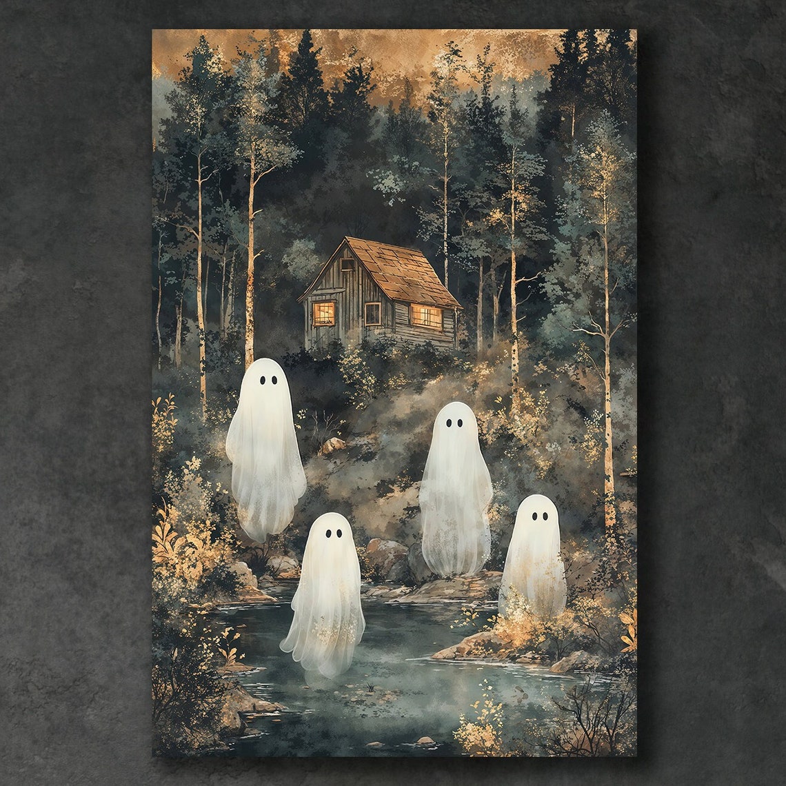 Four White Ghosts Haunted Forest Cabin Night Halloween Canvas Print