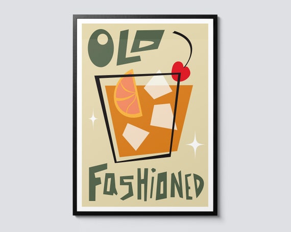 Old Fashioned Cocktail Graphic Print Modern Illustration Wall Art Drink Theme Decor For Home Bar