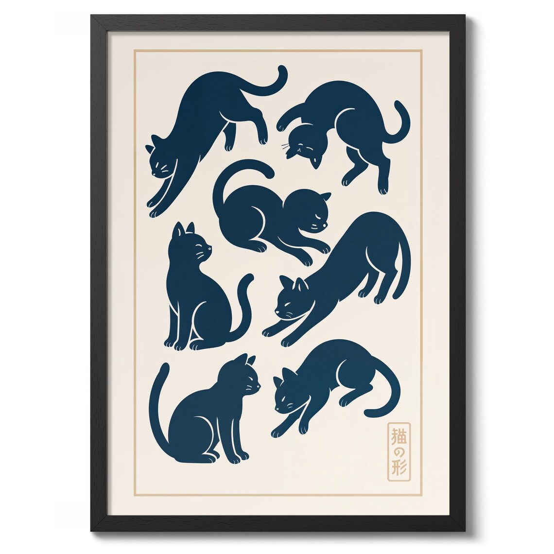 Japanese Black Cat Silhouette Poster Seven Cats Navy On Cream Art