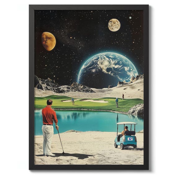 Moon Golf Print Scifi Space Retro Poster Vintage Wall Art Decor Gift