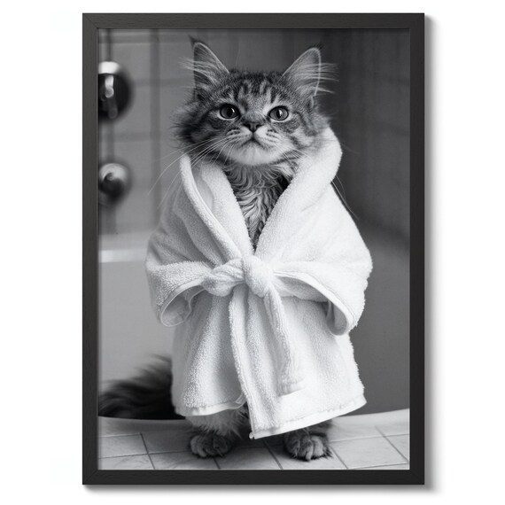 Funny Fluffy Cat In Bathrobe Black And White Bathroom Photo Poster