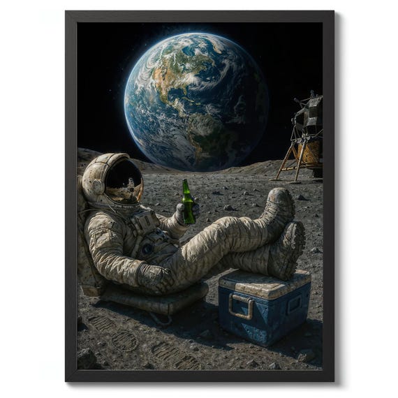 Cold One On The Moon Space Photography Print Funny Astronaut Poster Wall Art Decor Gift