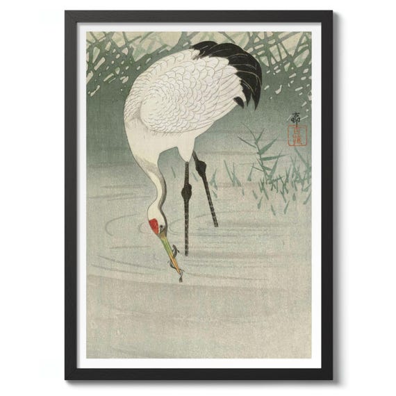 Fishing Crane In Shallow Water By Ohara Koson Japanese Woodblock Print Traditional Poster Nature Wall Art Decor Bird Gift