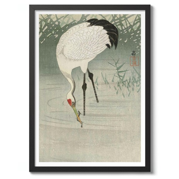 Ohara Koson Fishing Crane Japanese Woodblock Art Poster Nature Bird Scene