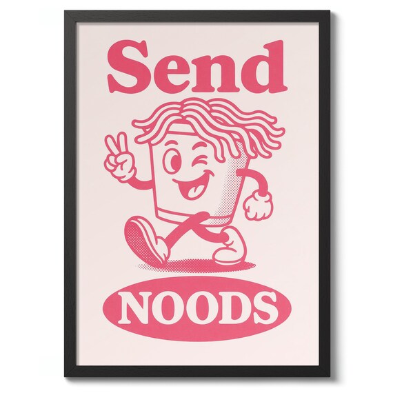 Send Noods Pink Retro Ramen Cup Mascot Funny Japanese Food Wall Art