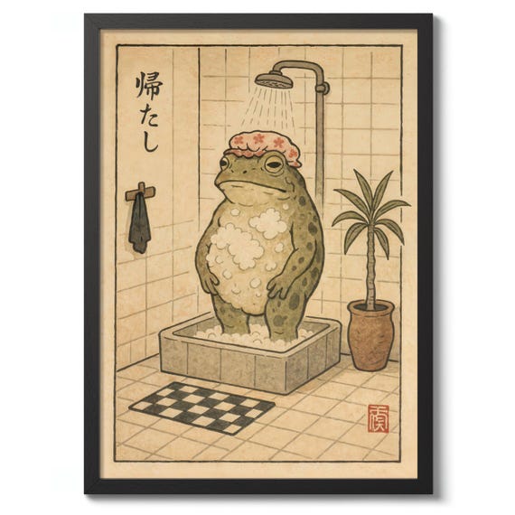 Shower Cap Frog Print, Funny Bathroom Wall Art