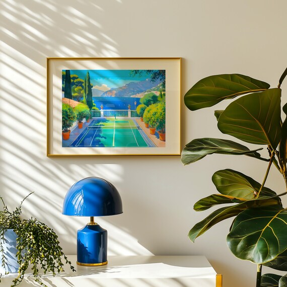 Tennis Court Overlooking Sea Coastal Illustration Sports Poster