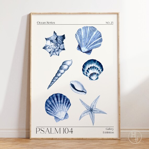 Blue Bible Art Modern Seashell Scripture Quote Print Beachy Faith Wall Christian Home Decor Coastal Cowgirl Poster Trendy Surfer