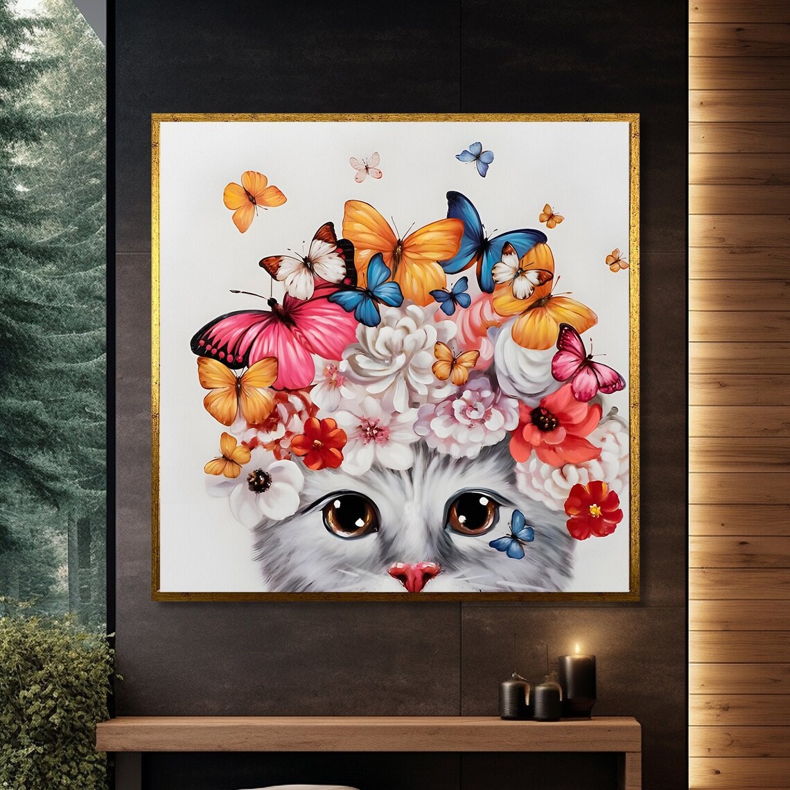 Cute Cat With Butterfly And Flower Crown, Kids Room