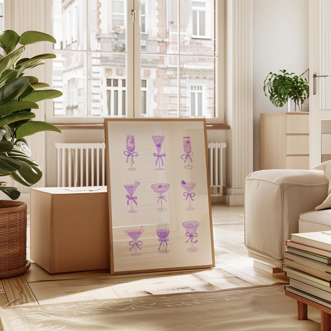 Purple Lilac Cocktail Glasses With Bows Watercolor Bar Cart Poster - Image 4
