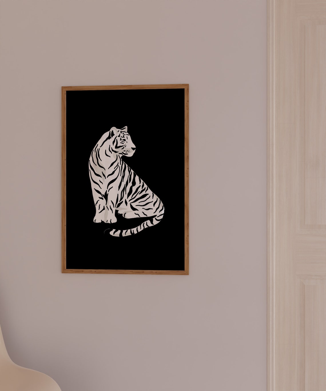 White Tiger Sitting on Black Background Bold Animal Art Poster