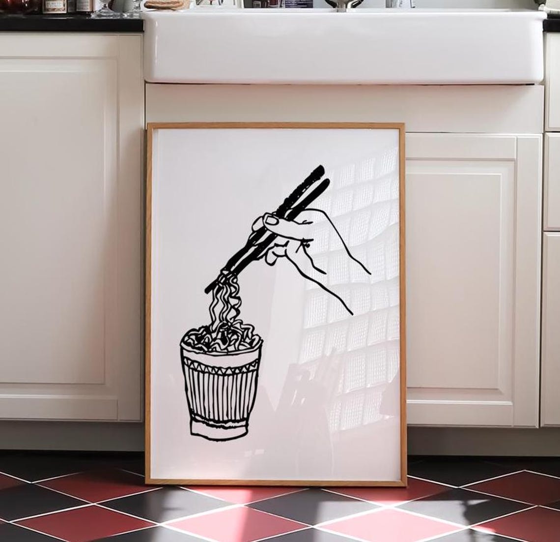 Ramen Noodles Chopsticks Line Art Poster Fun Kitchen Food Decor - Image 3