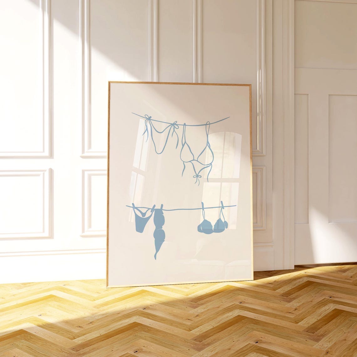 Blue Bikini Clothesline Minimalist Line Art Beach Room Poster