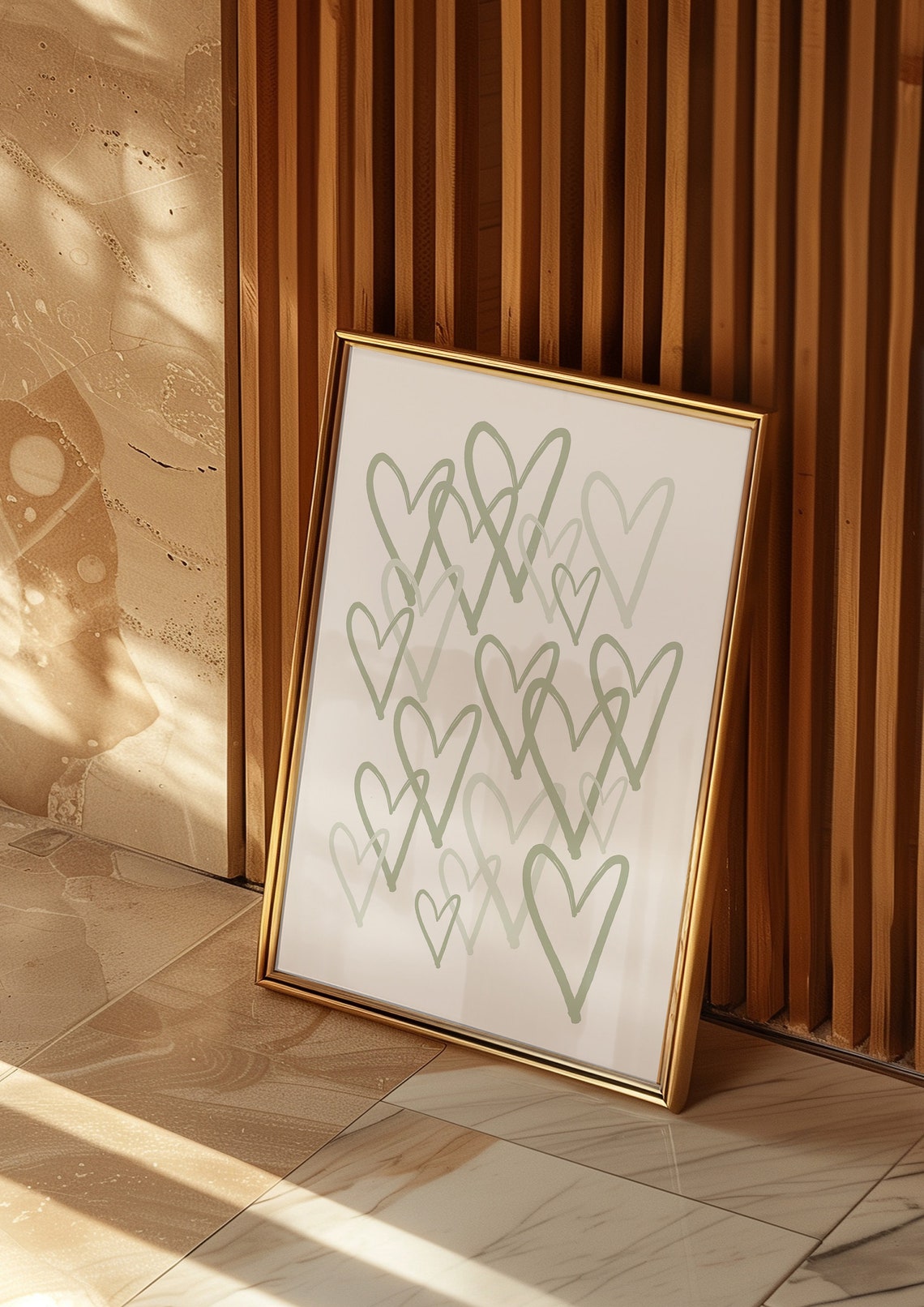 Sage Green Hand Drawn Hearts Scattered Love Minimalist Poster - Image 3