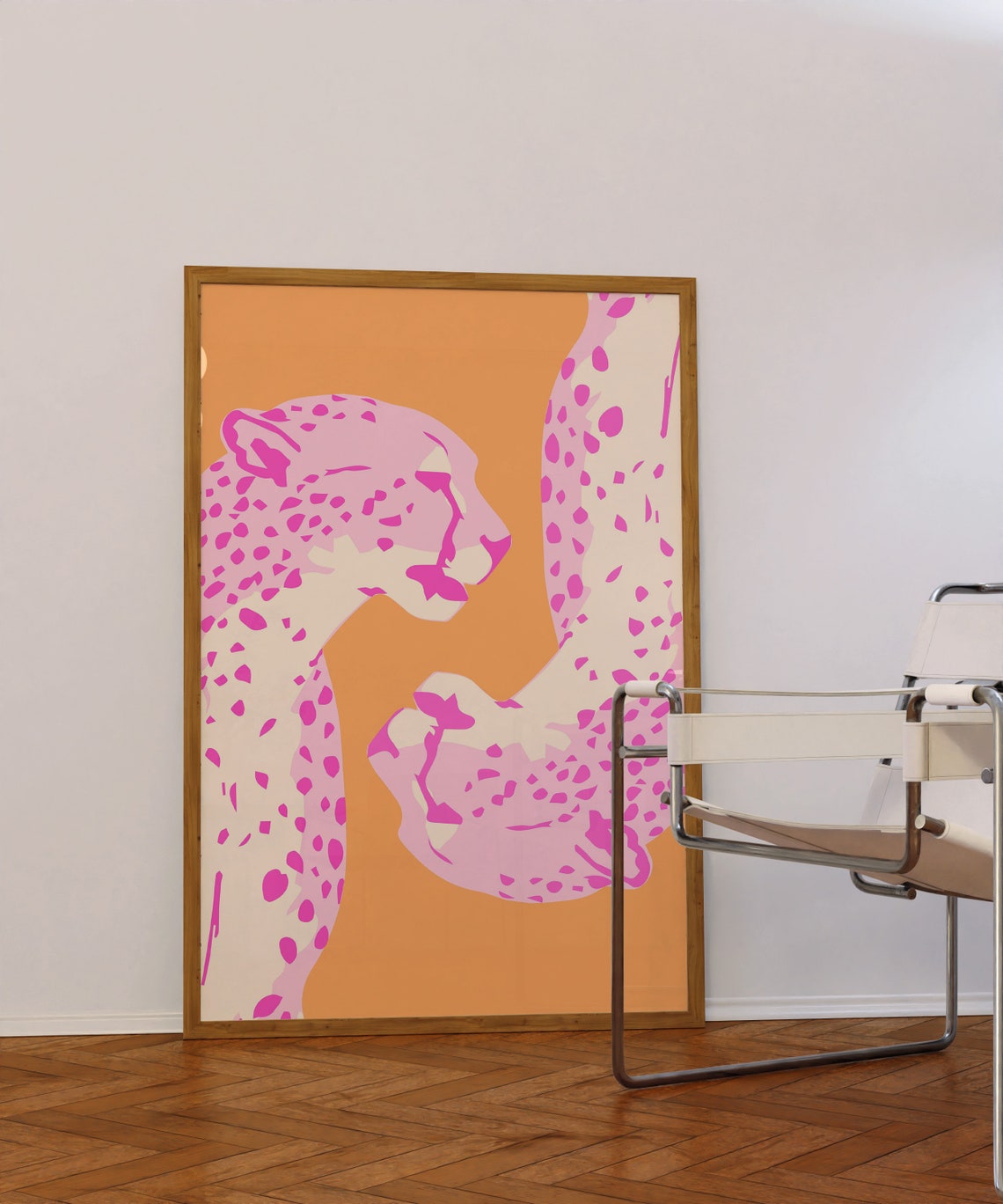 Pink Spotted Wildcats Duo Retro Pop Art Orange Background Wall Poster - Image 3