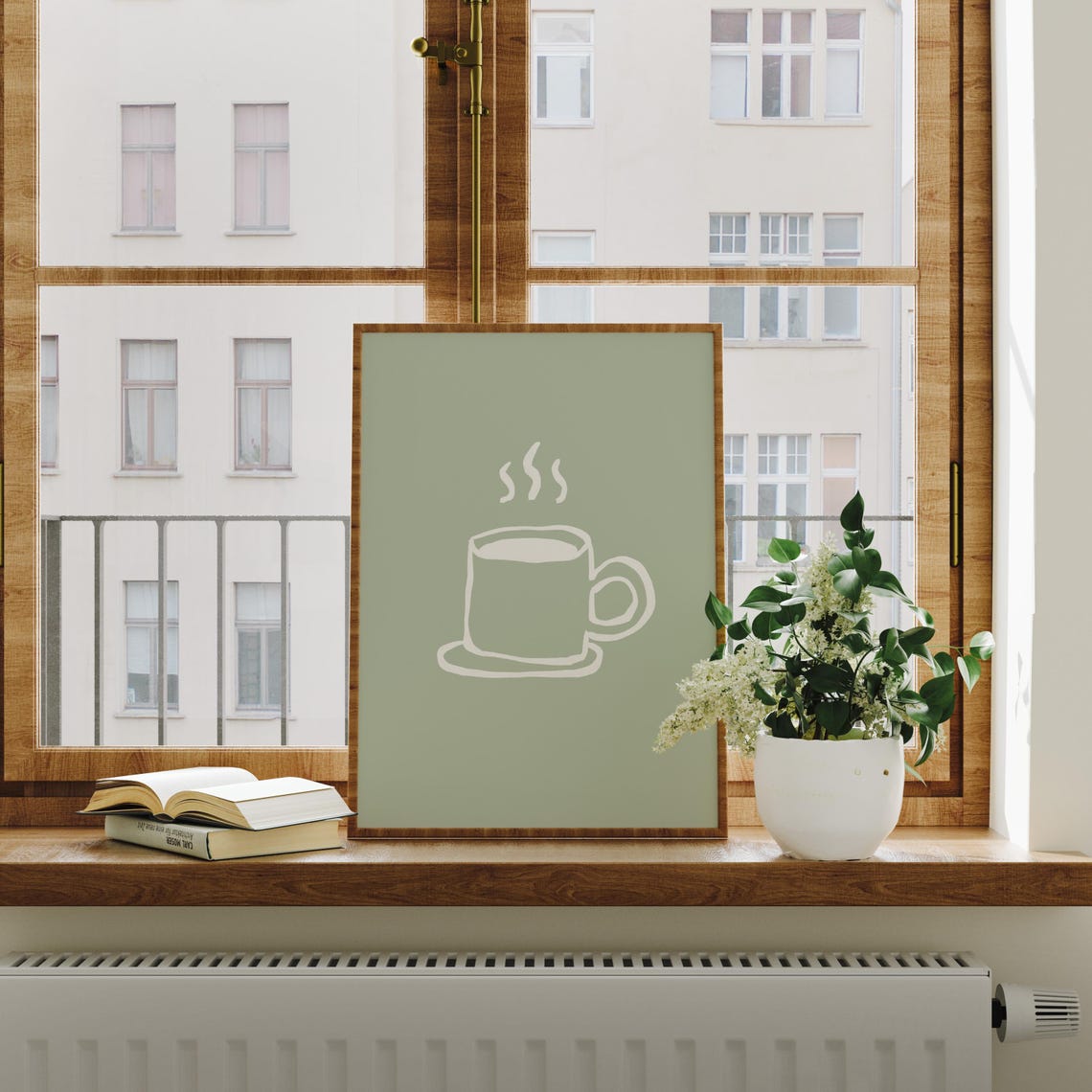 Sage Green Coffee Cup Cream Line Art Minimalist Kitchen Poster - Image 3