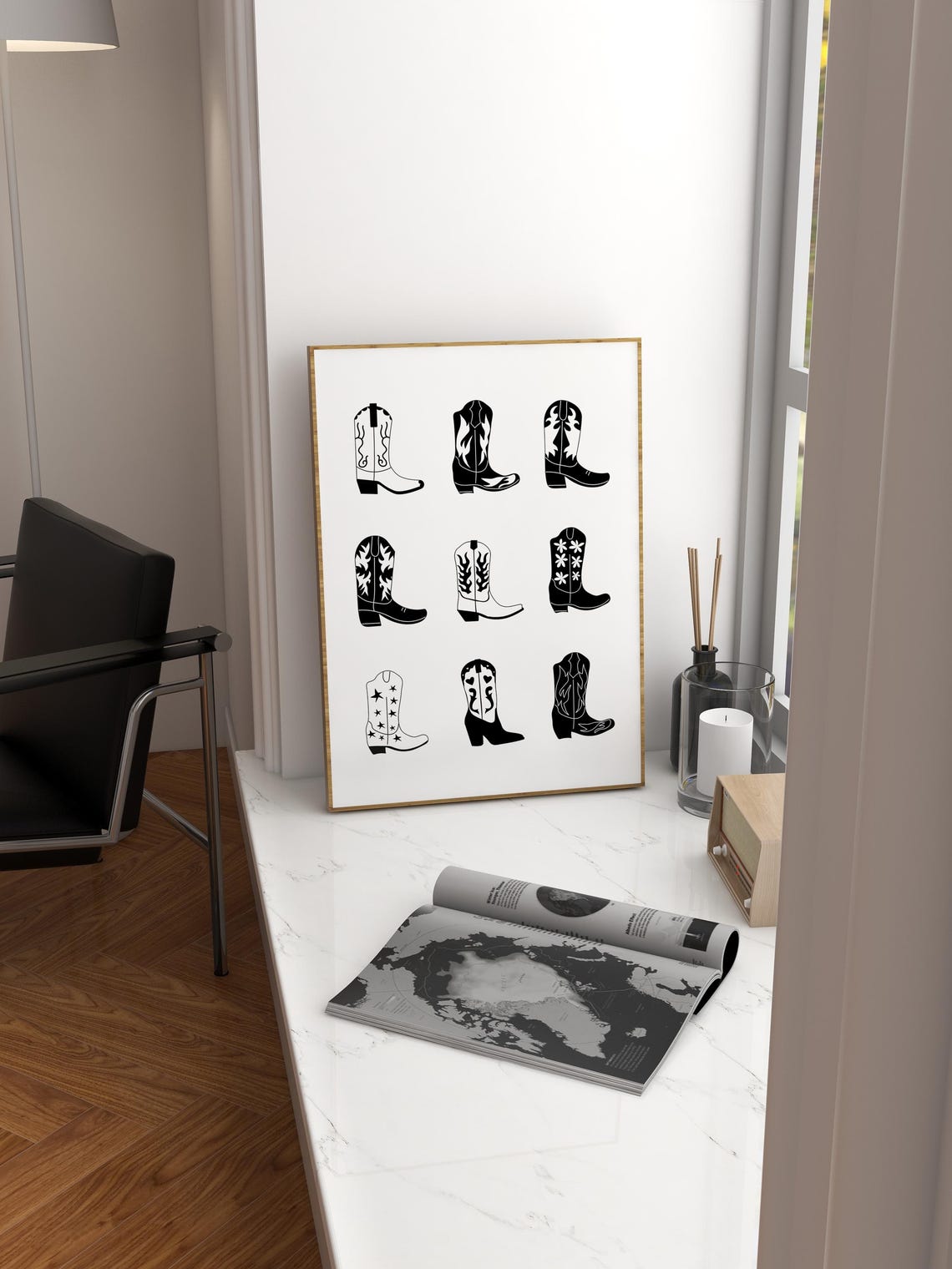Black White Cowboy Boots Grid Silhouette Western Wall Poster - Image 3
