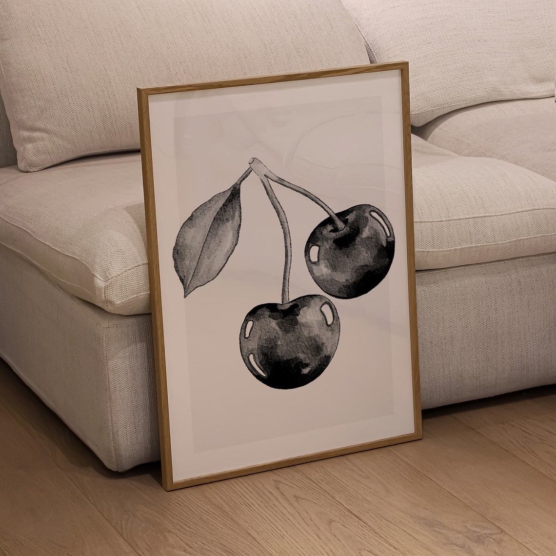 Black And White Cherry Illustration Monochrome Fruit Wall Art