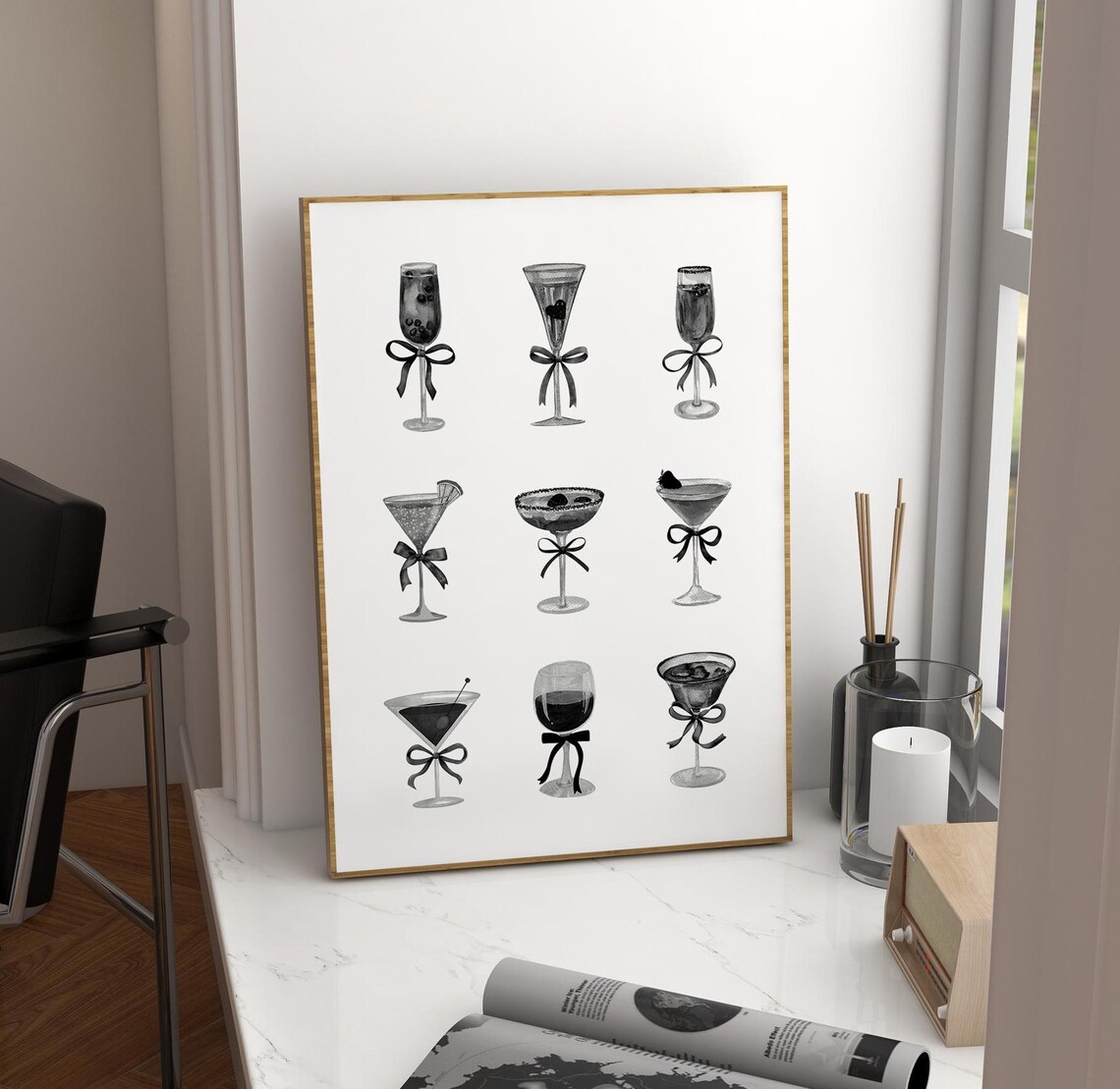 Black And White Cocktail Wall Art, Bar Cart Decor