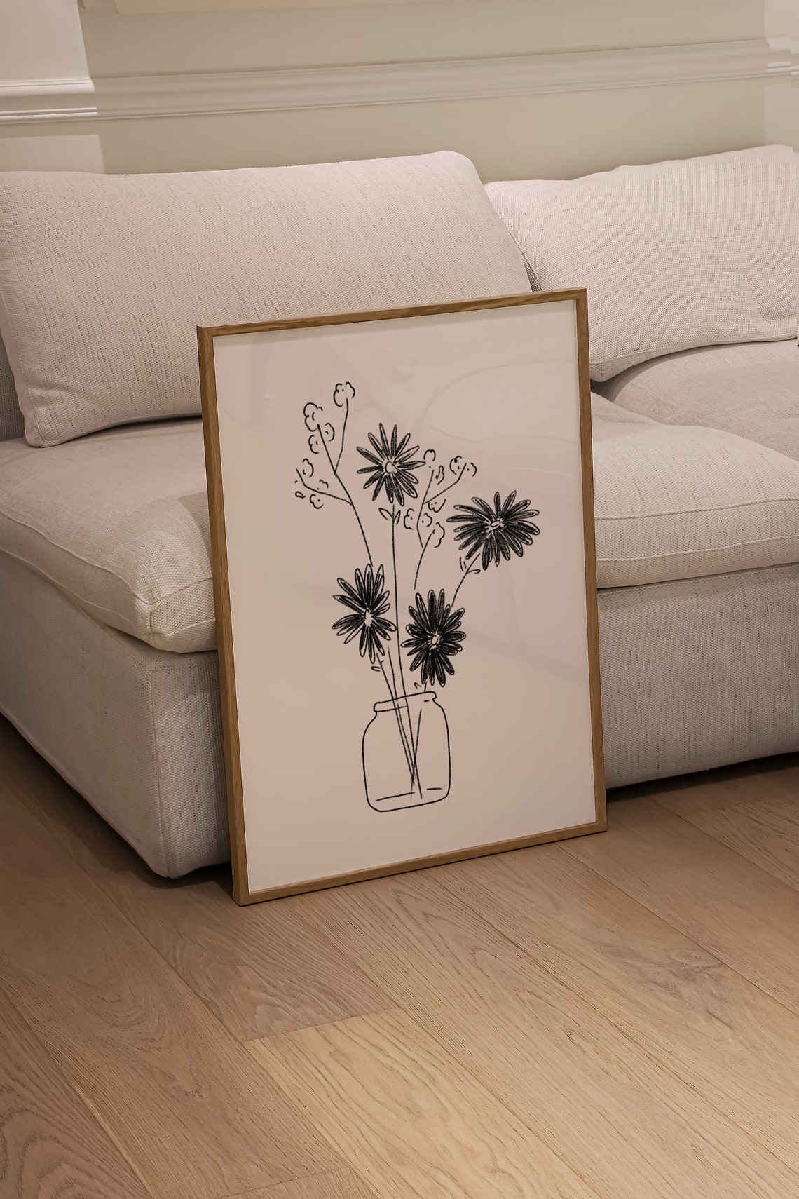 Daisy Flowers Mason Jar Black Line Drawing Botanical Wall Poster - Image 3