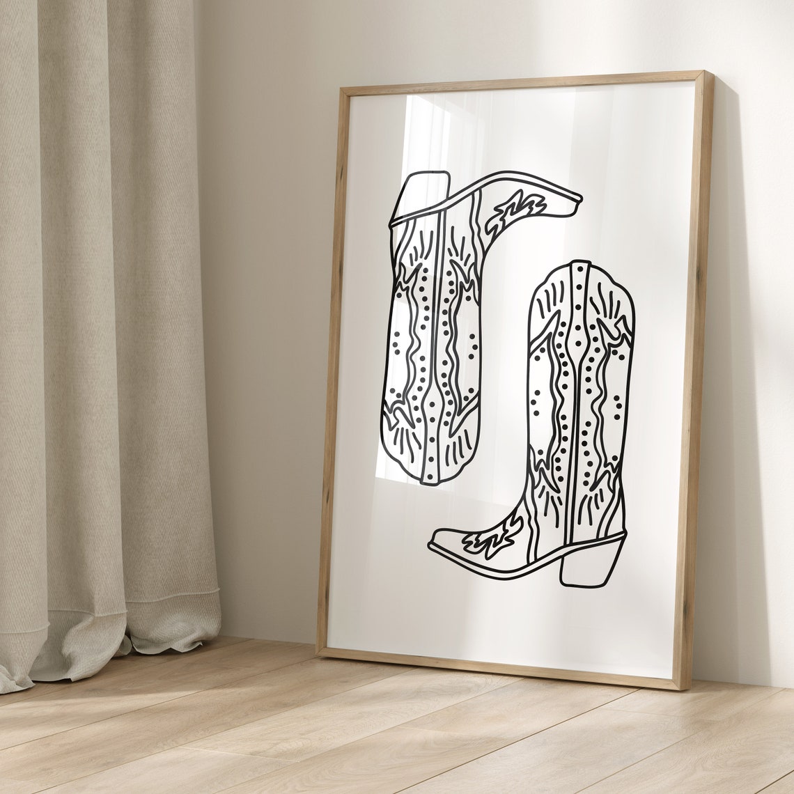 Minimalist Cowboy Boots Line Drawing Black White Western Poster - Image 2