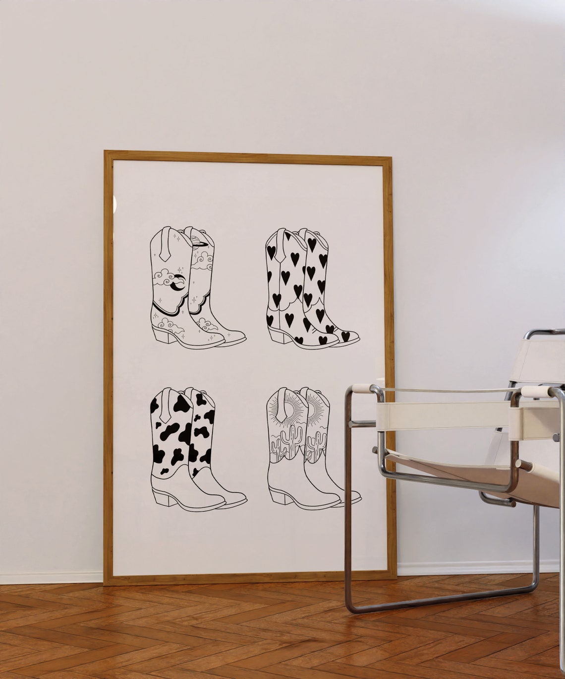 Cowboy Boots Line Art Quartet Black Ink Western Minimalist Poster - Image 2