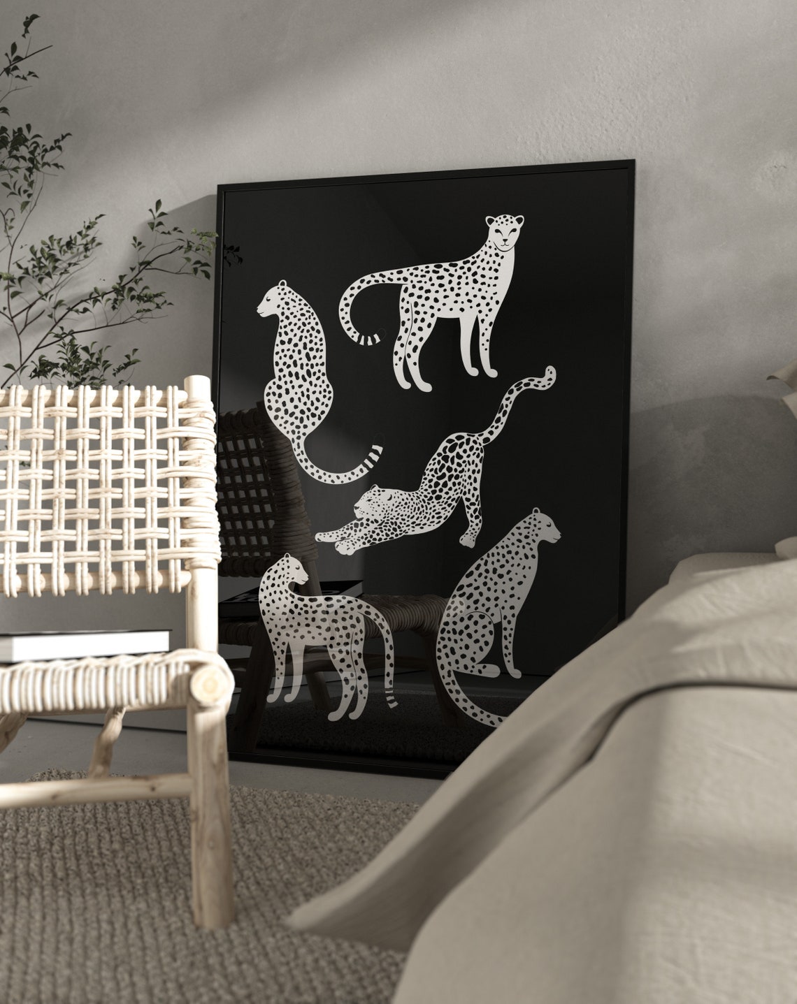 White Cheetah Illustrations On Black Maximalist Trendy Wall Art - Image 2