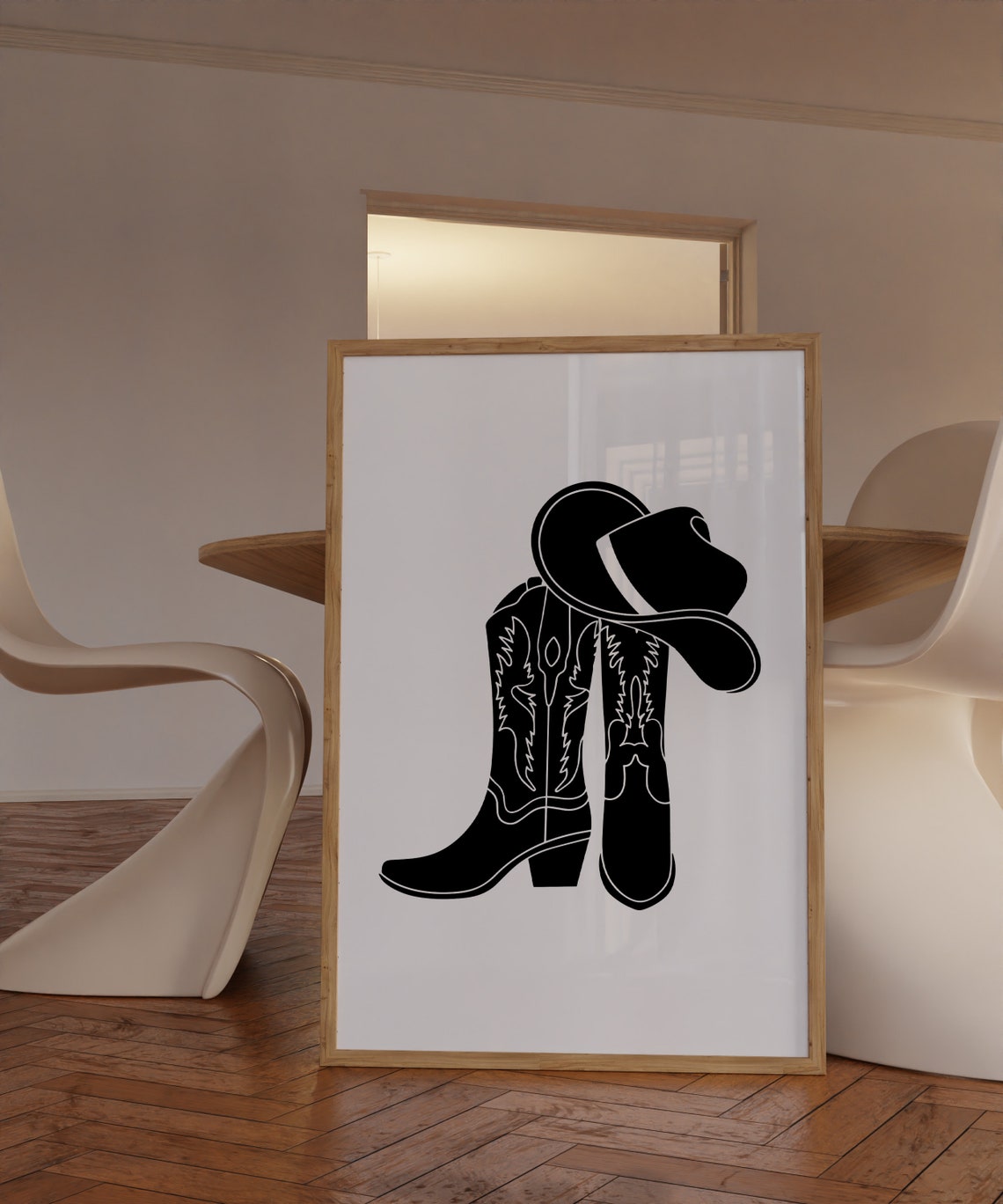 Black Cowboy Boots and Hat Silhouette on White Trendy Poster - Image 3