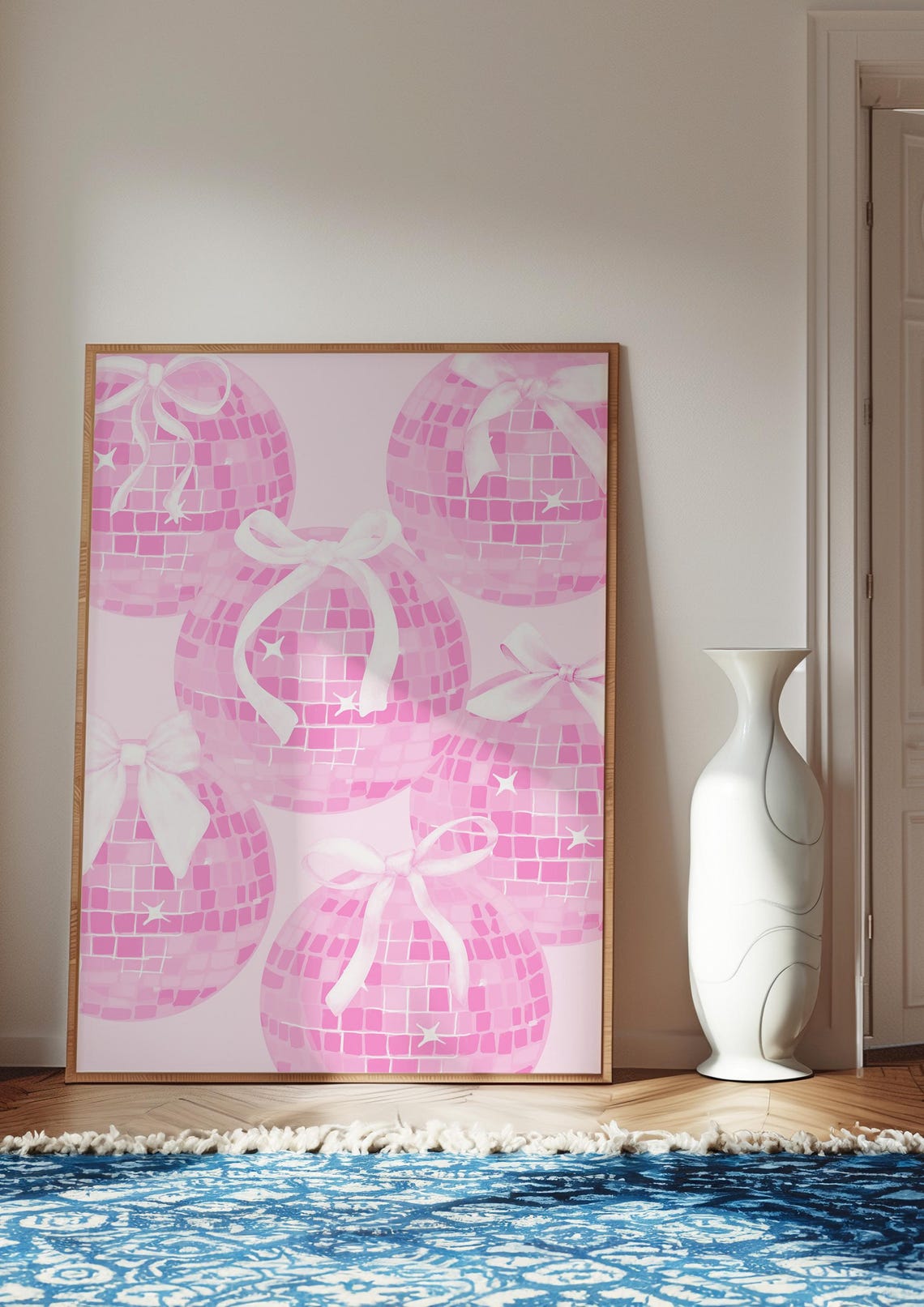 Pink Disco Ball With White Bows Trendy Aesthetic Party Wall Art