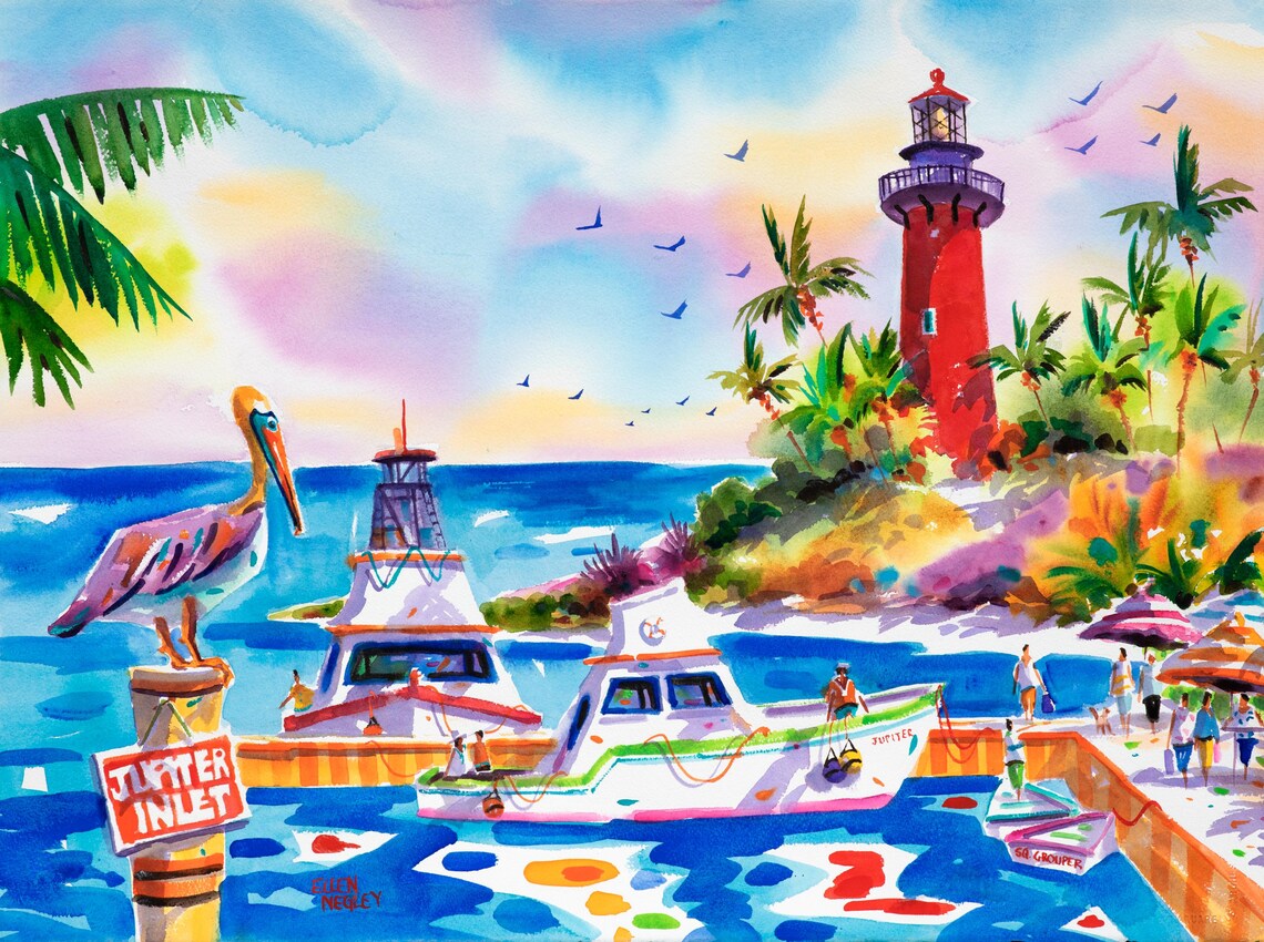 Florida Fishing Boat Watercolor Print, Jupiter Lighthouse